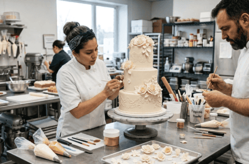Bakers decorating a wedding cake.